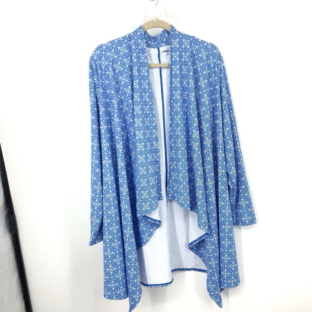 Lands End Women Size 2X 20W 22W Top‎ Open Front Cardigan Long Shirt Blue Print